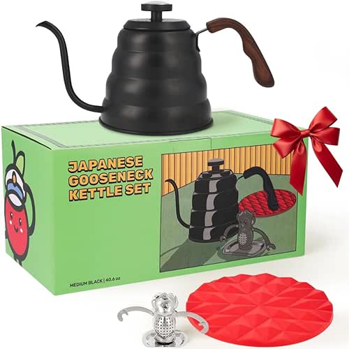 Japanese Gooseneck Kettle Stovetop with Thermometer and Insulated Handle (4-piece,