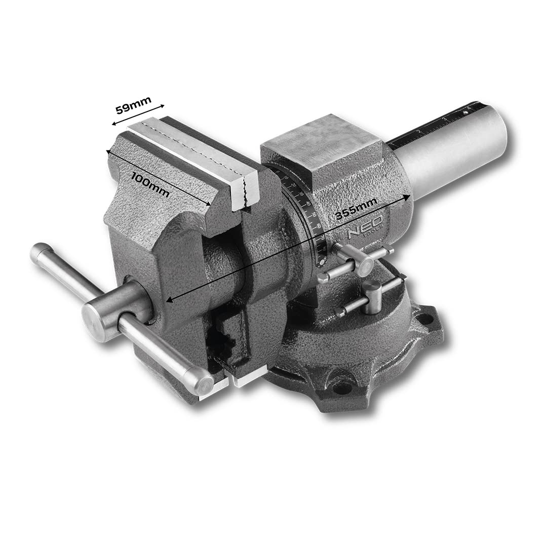 NEO TOOLS Obrotowe imadło ślusarskie 100 mm, 360 stopni, z kowadłem, dwa rodzaje szczęk do owalnych i regularnych przedmiotów. Wykonane z żeliwa