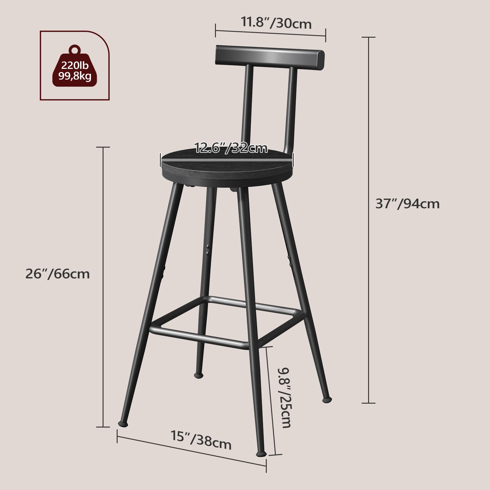MAHANCRIS Juego de 2 Taburetes con Respaldos, Sillas Altas de Cocina, Estructura de Metal, Pies Ajustables, Fácil Montaje, para Cocina, Salón, Bar, Negro BAHB6001