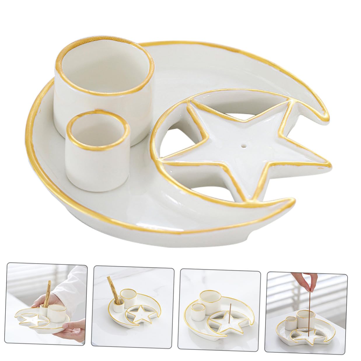 ARTIBETTER Porta Incienso de Cerámica Multifunción Bandeja para Quemar Hierbas y Varitas Soporte Decorativo para Aromaterapia en Hogar Candelabro de Cerámica Día y Noche Adorno Zen