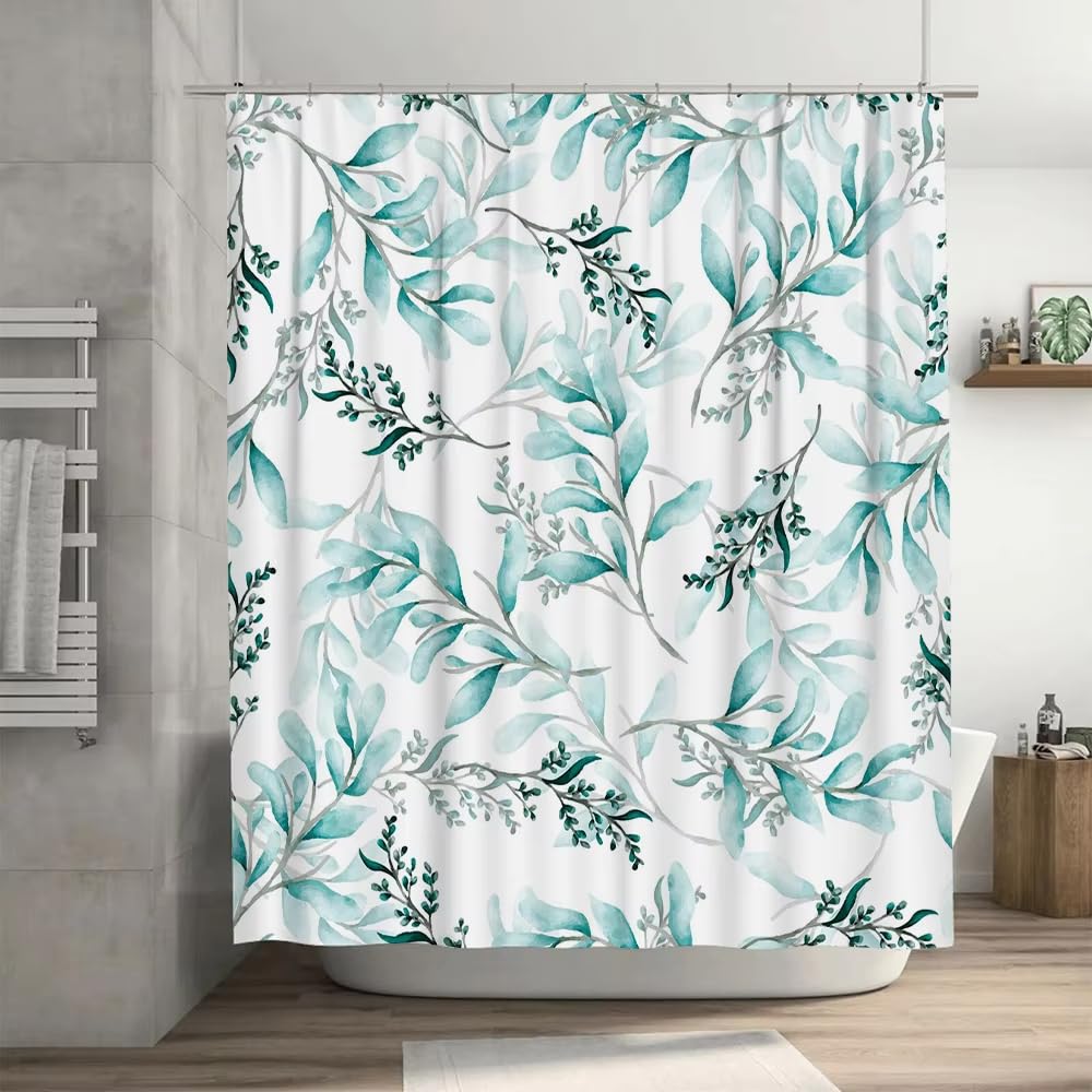 Generisch Duschvorhang 180X200 mit Aquarell-Blättermuster – Frisches Botanisches Muster,Badewannenvorhang mit Haken – Wasserdichter Polyester-Dekorationsvorhang für Badezimmer,