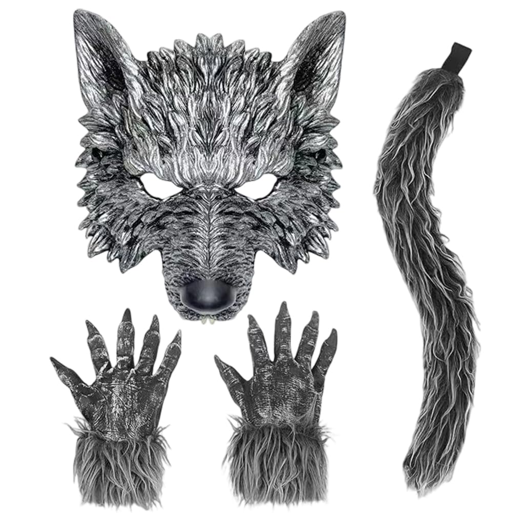 SYTTNUM Disfraz de lobo, disfraz de zorro, disfraz de lobo con cola de zorro, guantes, disfraz de animales para Halloween