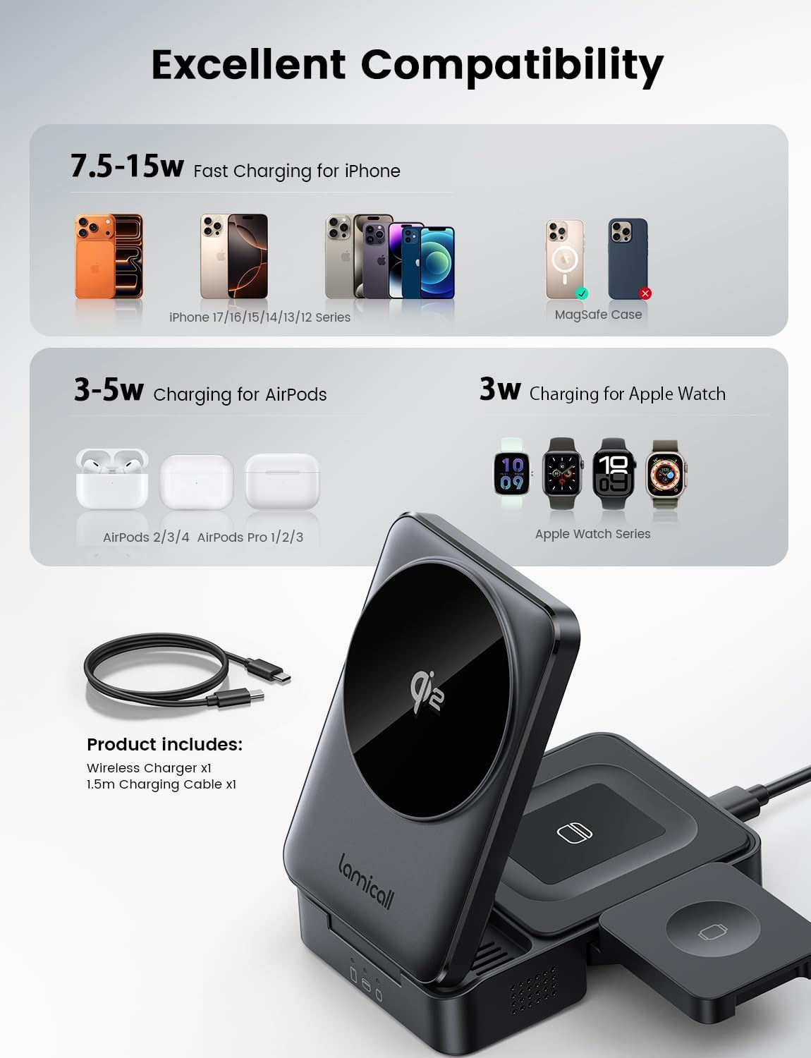 Lamicall Qi2 Certified Foldable 3 in 1 Wireless Charging Station - [15W Fast Charge & Upgraded Cooling] Compact Travel Magnetic Charger Stand for iPhone 17e 17 16 15 14 13, AirPods Pro, Apple Watch