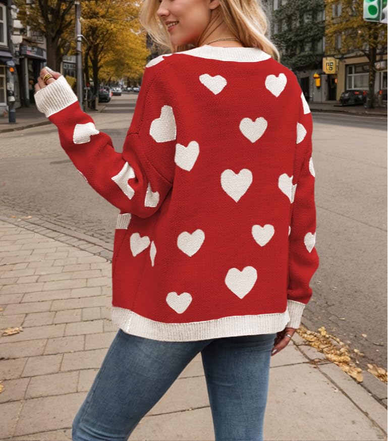 Women Cute Heart Oversized Cardigan Open Front Button Down Love Print Knit Sweater Y2k Kawaii Clothes3