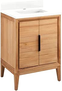 Signature Hardware 482543 Aliso 24" Free Standing Single Basin Vanity Set with Teak Cabinet, Marble Vanity Top, and Rectangular Porcelain Undermount Sink - Natural Teak/Feathered White