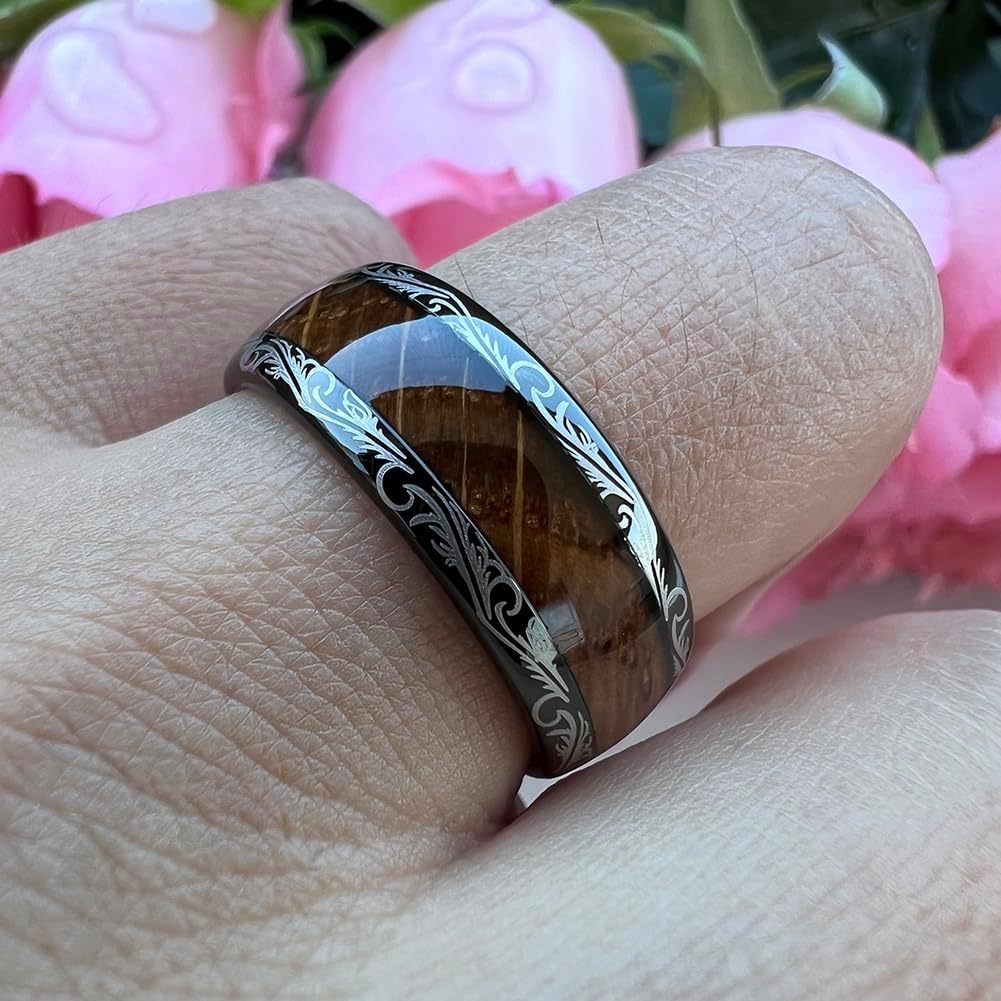 TUTISS 8mm Black Tungsten Rings for Men Women Whiskey Barrel Wood Inlay Vintage Baroque Frame Leaf Engagement Wedding Promise Band Domed Polished Shiny Comfort Fit