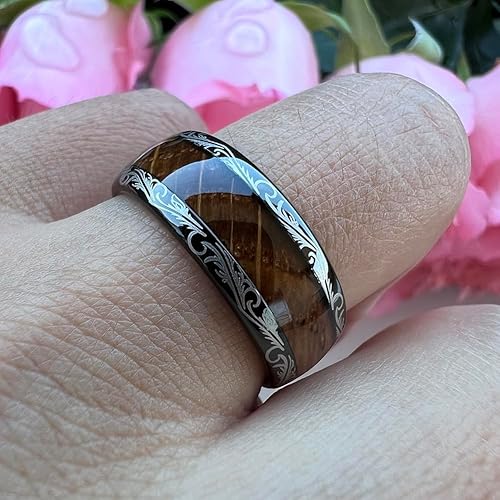 Miniatura 5 de Anillos de tungsteno negro de 0.315 pulgadas para hombres y mujeres, con incrustaciones de madera de barril de whisky, marco barroco, vintage, marco