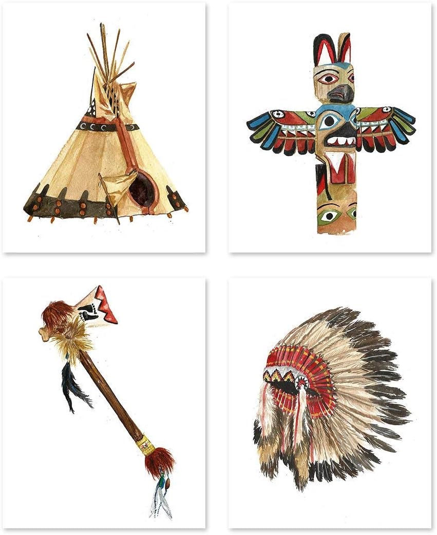 Native american folk art #A130 - Set of 4 (8x10) posters. Tribal Wall Decor Indian Girl Feathered Home Wall art Painting Watercolor