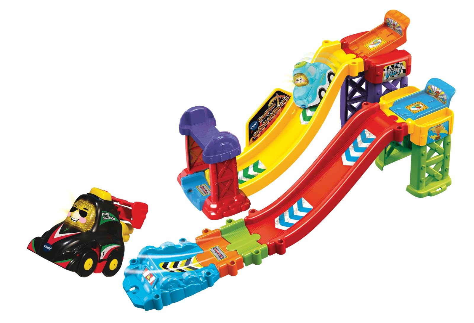 VTech Vroom Vroom Go - Trampolino Acrobazie Estreme 3 in 1, Pista Macchinine con Trampolino, 3 Modalità di Gioco, Incluso 1 Veicolo, 2 Zone Magiche, Lingua Italiana, Batterie Incluse, 1-5 Anni