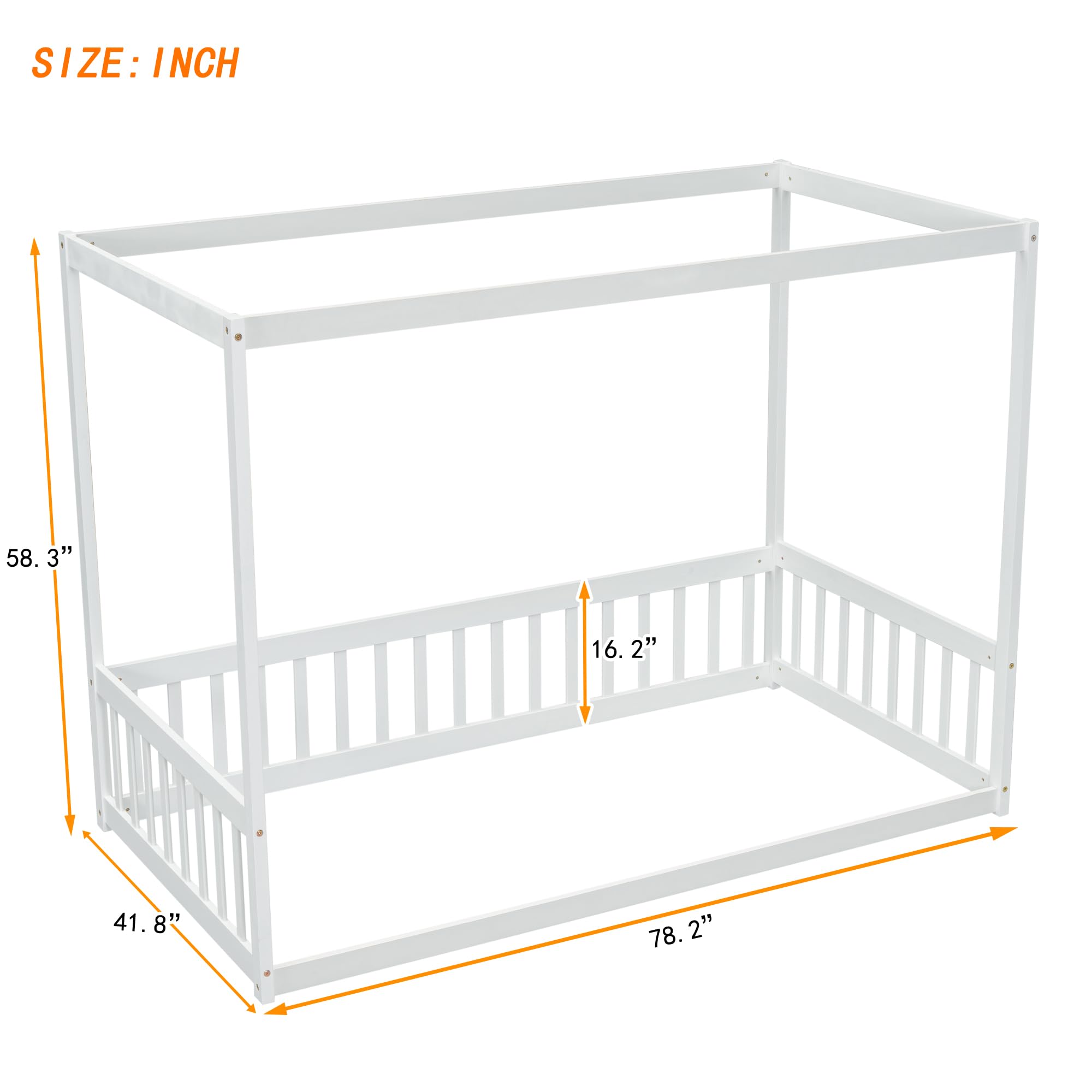 EASTALOLO Twin Size Low Profile Floor Bed Frame with Canopy Frame & Guardrails, Solid Pine Wood Kids Bed, Minimalist and Easy to Assemble(White)