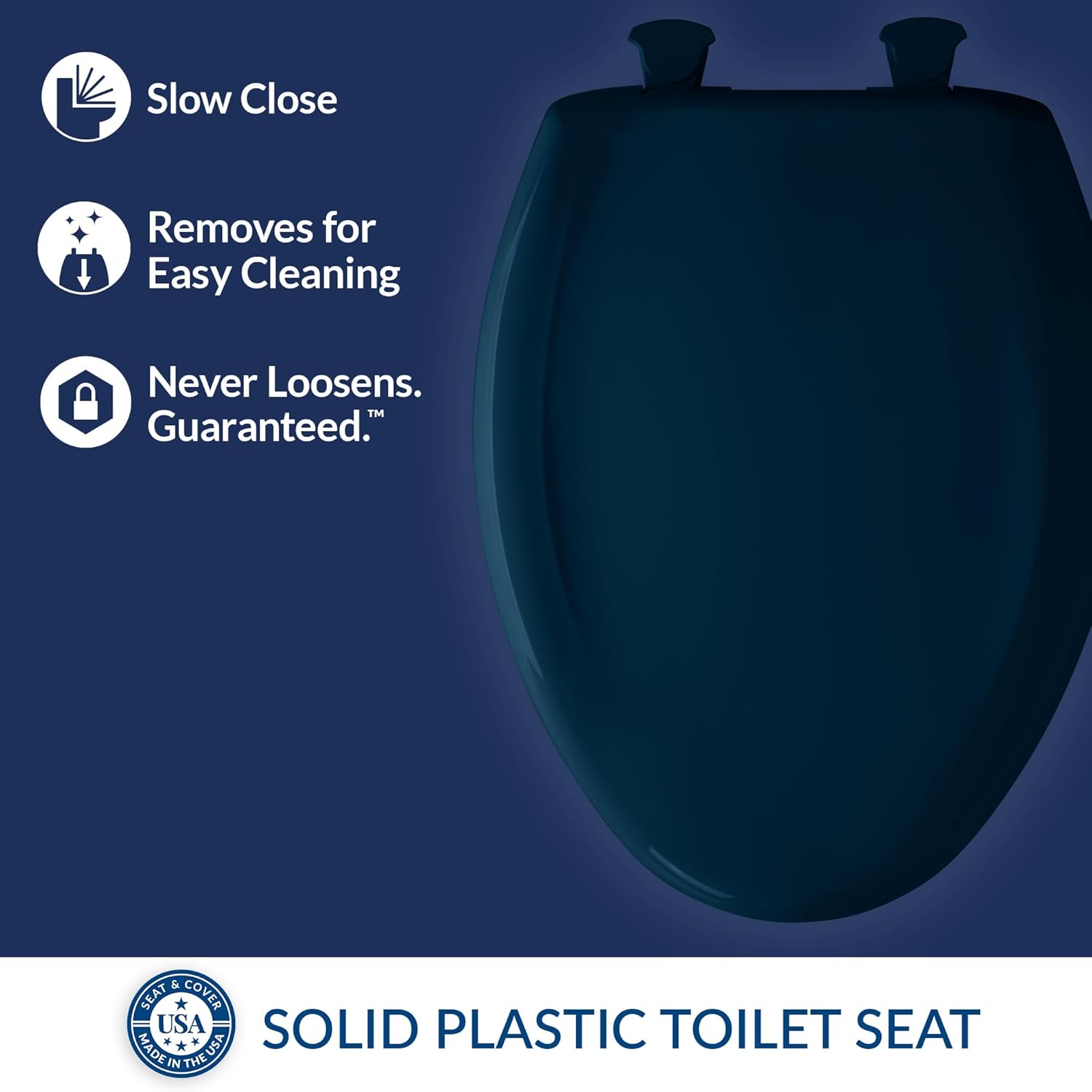 bemis classic colors slow close toilet seat, easy clean hinges and durable plastic seat, made in usa, elongated, navy elongated navy