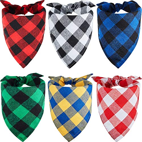 6 Pieces Plaid Dog Bandanas Dog Summer Bandanas Pets Triangle Bibs Reversible Dog Kerchief Adjustable Washable Bandanas for Dog Cat Pet