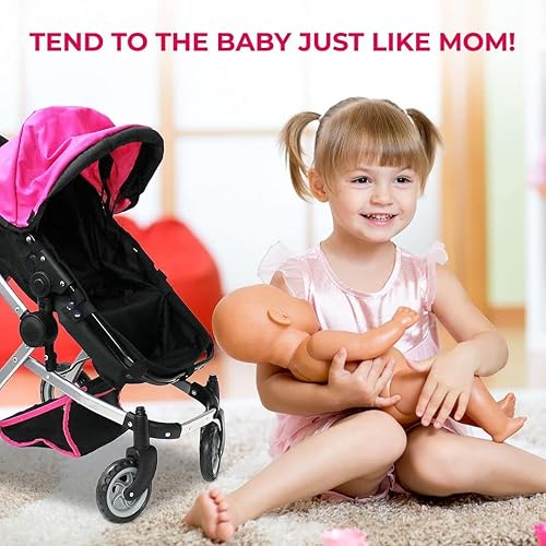 Miniatura 6 de Carriola para muñeca Babyboo de Mommy & Me con ruedas giratorias, mango ajustable y bolsa de transporte, de color rosa (9651B)