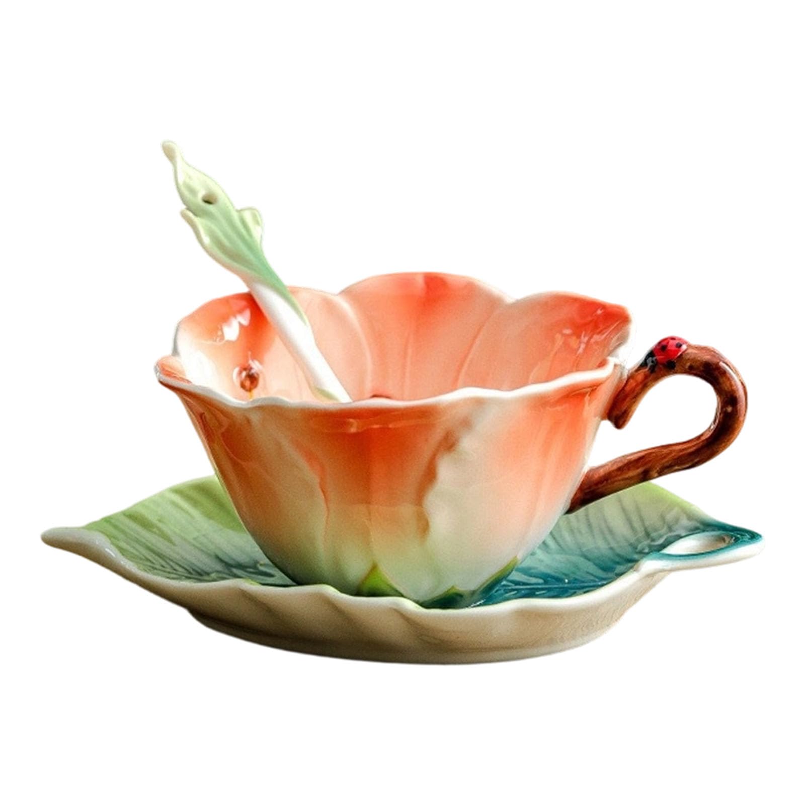 Kalttoy Clivia Enameled Coffee Cup Set Includes Cup Saucers Spoon Beautiful Flower Pattern 180Ml Lavishness Afternoon Tea Set Gift Enclosed Dishes