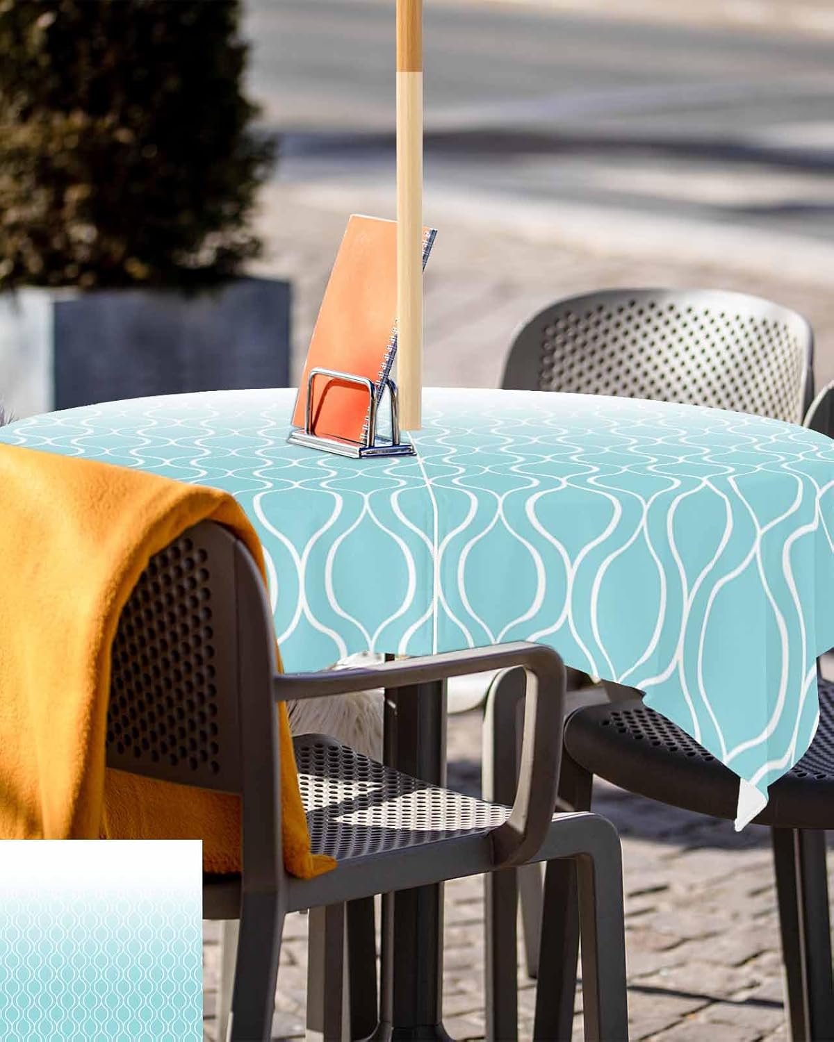 Outdoor Tablecloth with Umbrella Hole and Zipper 60" Square Wavy Geometric Lines Teal Blue Modern Water Repellant Table Cover Tabletop Collection for Party Patio Picnic