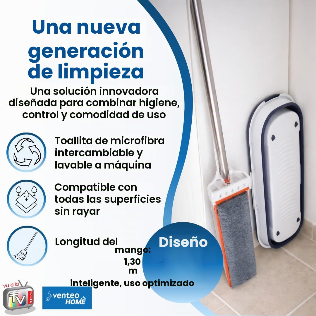 VENTEO – Escoba de fregona con cubo retráctil | Sistema de estorbar integrado con cabezal giratorio raspador de suelo | Limpieza de suelos superficies duras paredes baldosas | Fregona versátil