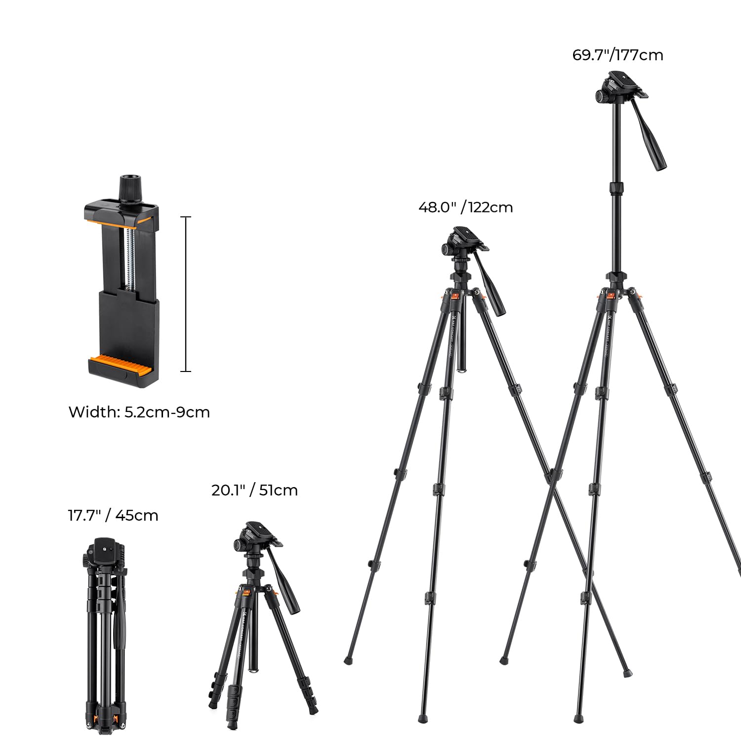 K&F CONCEPT 78 inch Camera Tripod for DSLR Compact Aluminum Tripod with 360 Degree Ball Head and 22lbs Load for Travel and Work  (S210): 64" height/Swivel Pan Head