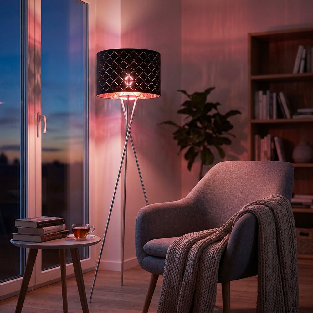 Stehlampe Textilschirm schwarz gold Beistellleuchte 3 Bein Stativleuchte mit Fernbedienung, dimmbar, Nickel matt, 1x RGB LED 8,5W 806Lm warmweiß, DxH 62x158 cm