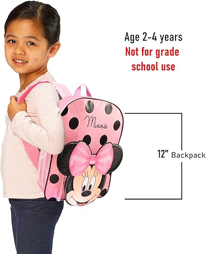 Miniatura 8 de Mochila escolar de Minnie Mouse de Disney para niños pequeños, mochila escolar de Minnie Mouse de 12 pulgadas con orejas y lazo 3D, botella de agua