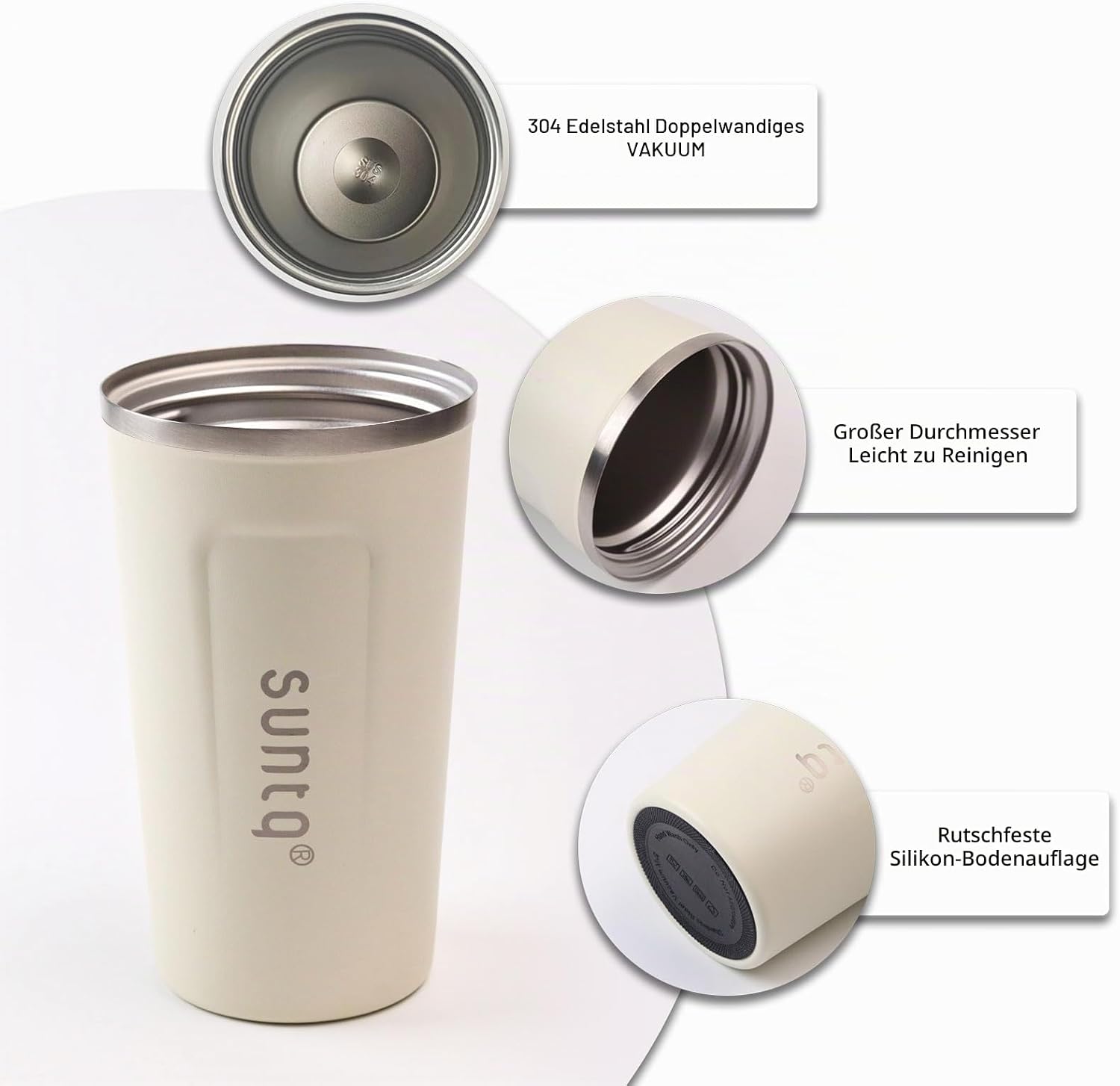 Suntq Stainless Steel Coffee Mug to Go, Thermal Mug, Double Wall Insulated – Coffee Cup with Leak-proof Lid, Reusable – Ivory, 510 ml – Bild 2