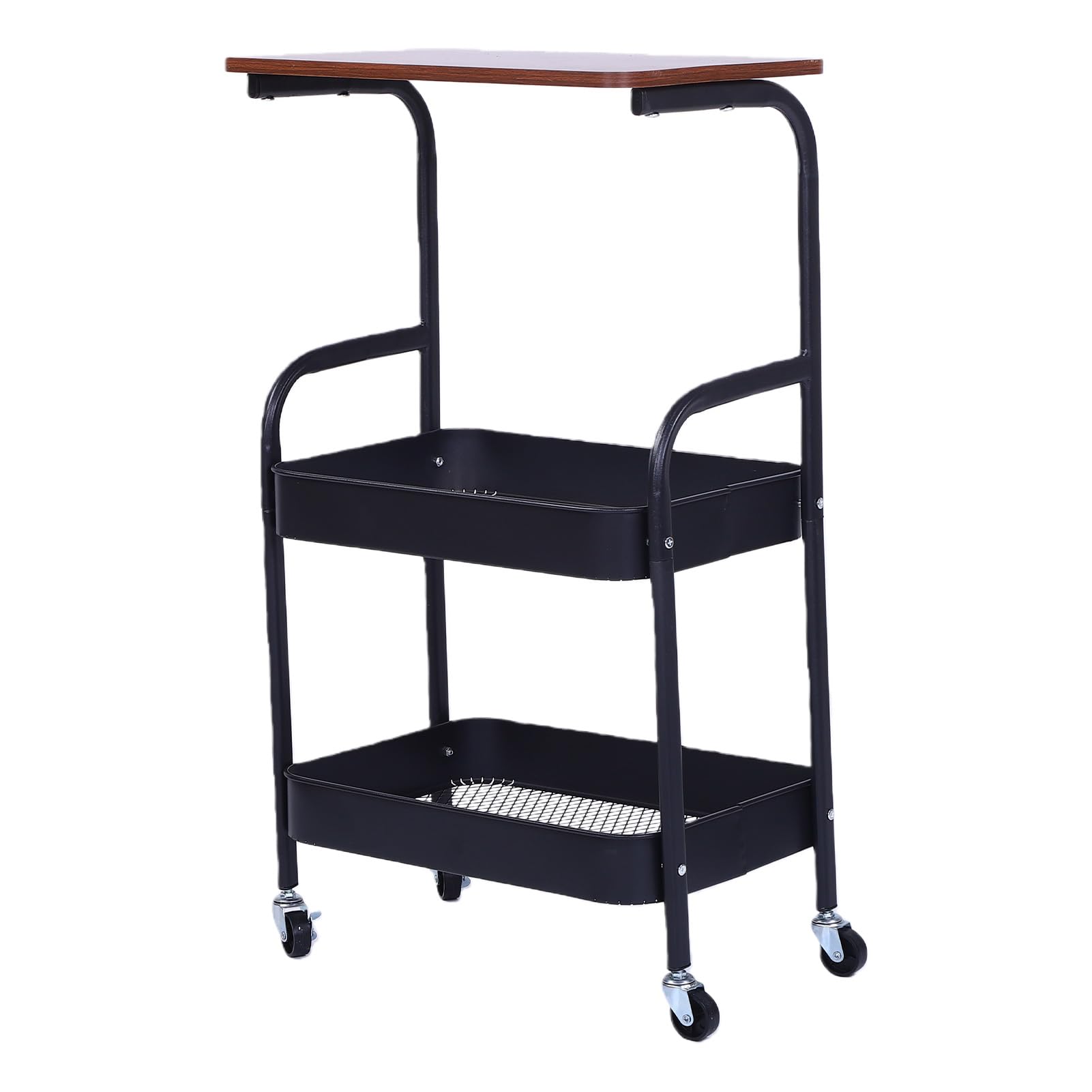 SUNGOOYUE Carrello con Ruote a 3 Livelli Carrello con Ruote a 3 Livelli, con Piano in Legno, Robusta Struttura in Metallo E Desktop in MDF, 4 Bloccabili, Portaoggetti Mobile per Ufficio