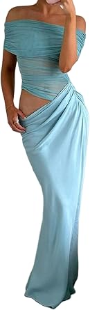 UAURORAO Women Elegant Mesh Maxi Dress Sleeveless Semi Sheer Y2k Ruched Bodycon Dress Cutout Party Cocktail Gown Dress