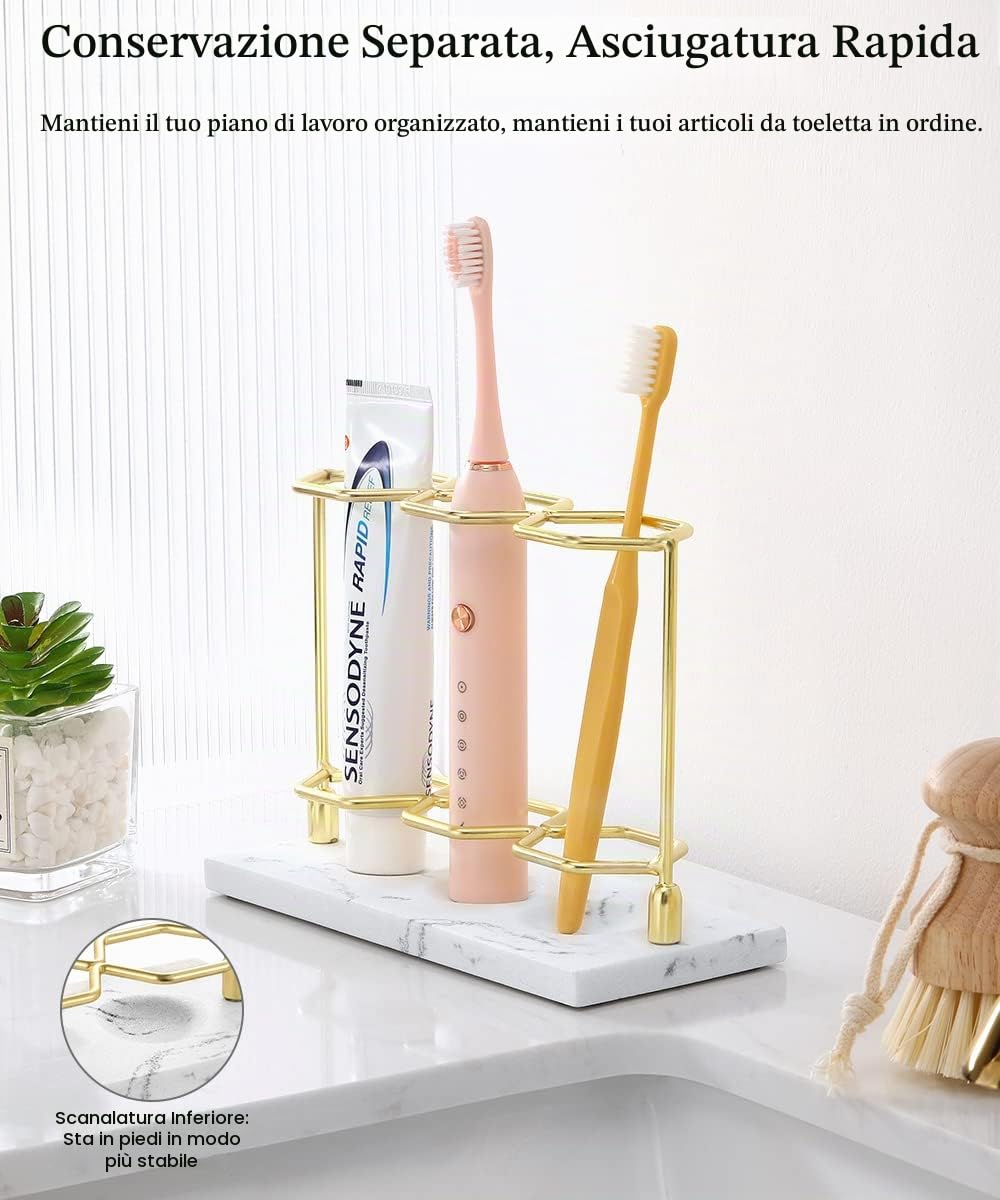 Emibele Portaspazzolino in Resina con 3 Slot, Porta Spazzolino Elettrico | Porta Spazzolino da Denti a Forma di Esagono, Supporto per Dentifricioda con Funzione di Drenaggio - Oro/Bianco