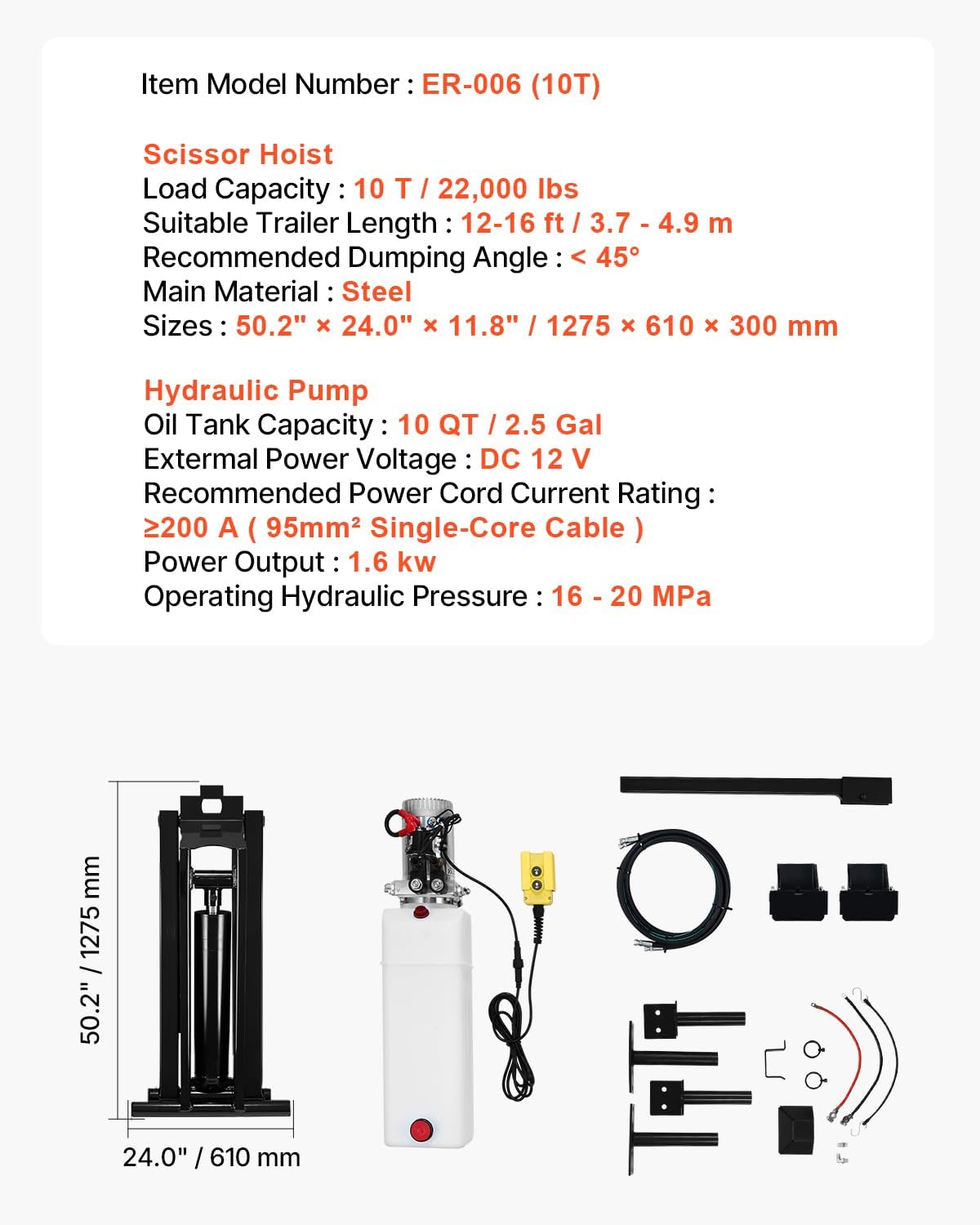 VEVOR Hydraulic Dump Lift Kit, 22,000 lb/10 T Load Capacity, Dump Trailer Hydraulic Scissor Hoist Kit Standard Kit with 12V Hydraulic Pump Unit, Suitable for Scissor Lift Dump Trailers Trucks