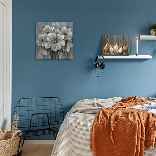 Miniatura 3 de Arte de pared de baño, pintura floral blanca y gris con imagen dorada sobre lienzo, decoración de paredes de dormitorio de mujeres, 12 x 12 pulgadas