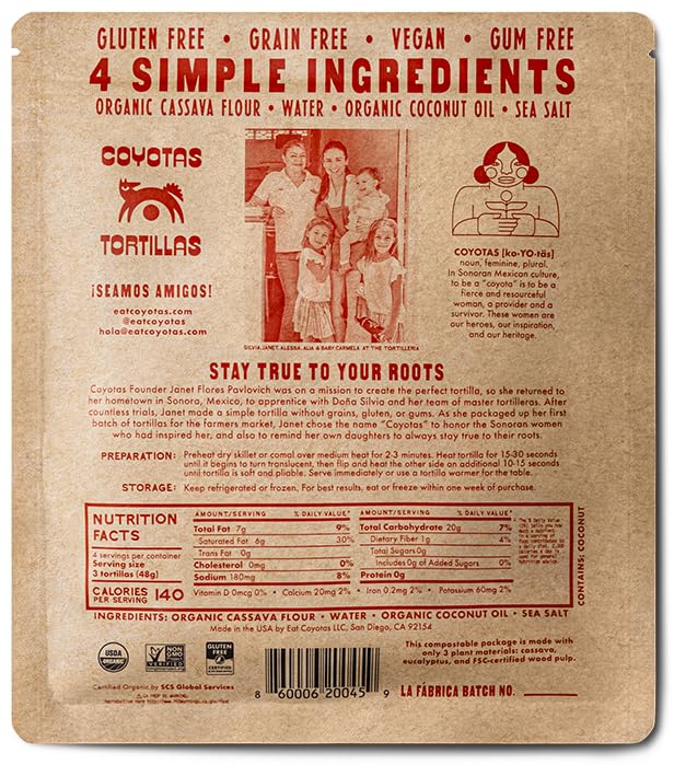Miniatura 3 de COYOTAS Tortillas orgánicas de yuca pequeñas de 4 pulgadas (12 tortillas por paquete) (5 paquetes)