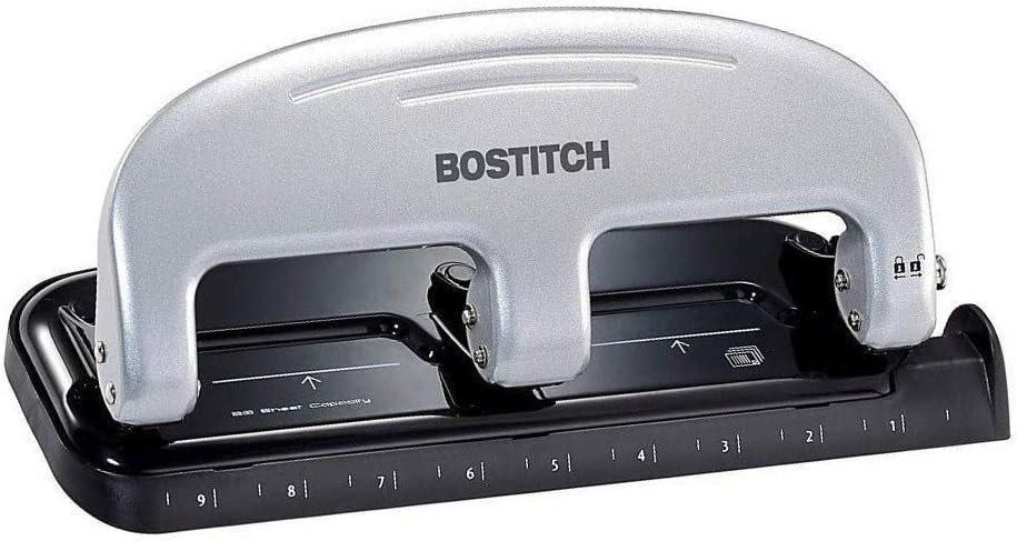 Bostitch inPRESS 20 Reduced Effort Three-Hole Punch, Silver, Black (2220) : Multi Hole Paper Punches : Office Products