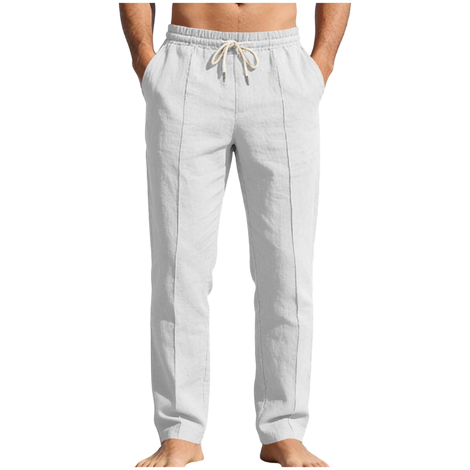 Mens Linen Business Casual Pants Loose Comfy Trouser Straight Leg Beach Jogger Pant Summer Trousers with Pockets
