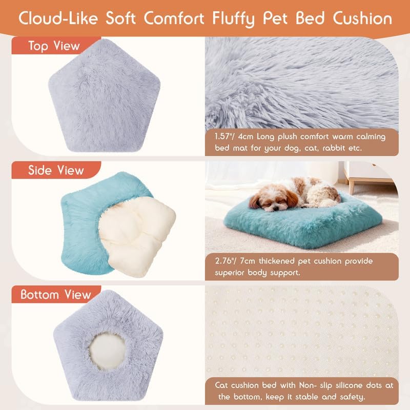 Washable Dog Bed, Small Dogs Beds, 2 PCS Removable Washable Fluffy Pet Bed Cover, Replaceable Dog Crate Pad, Calming Puppy Bed, Comfy Kennel Pad, Plush Cat Mat, 24" x 16", Gray + Blue Green