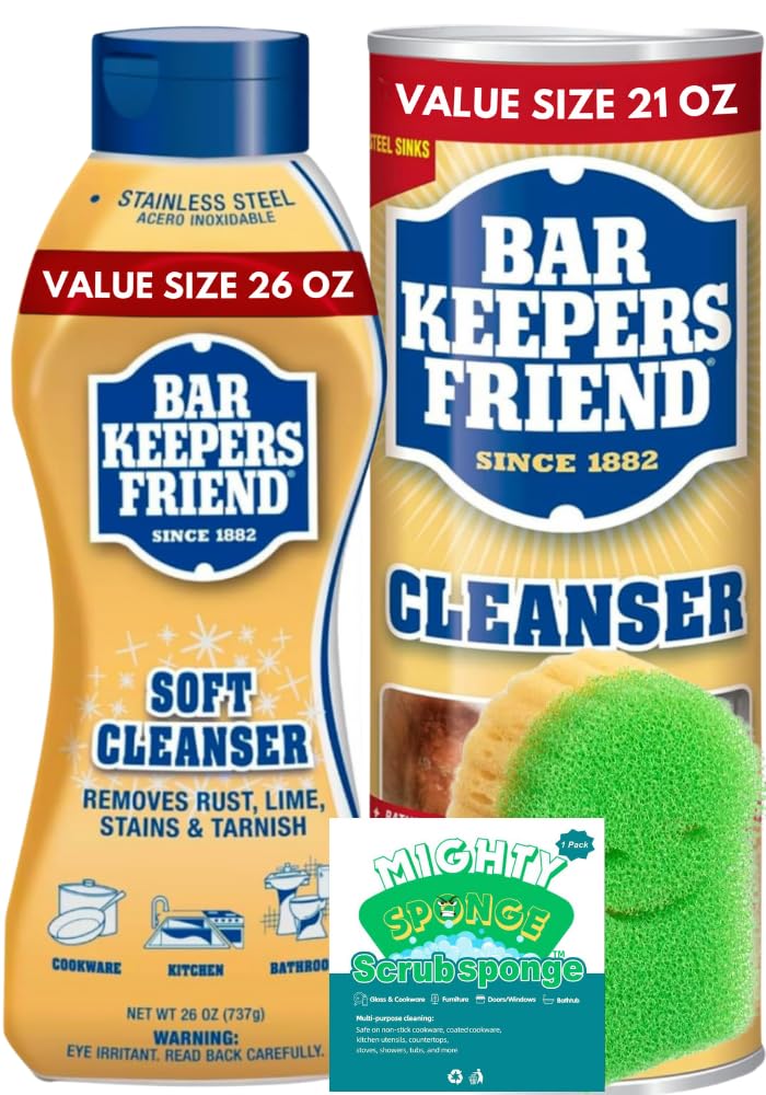 Mighty Sponge Bundle - Bar Keepers Friend Soft Cleanser 26-fl oz Citrus Liquid All-Purpose Cleaner + Powder Cleanser 21 oz for Kitchen, Bathroom, and More