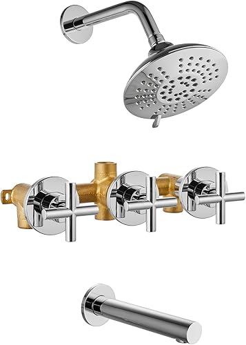 Cinwiny Juego de grifo de baño cromado pulido para bañera y ducha, montaje en pared, 3 asas, kit de ducha con boquilla de bañera de 6 pulgadas, 5