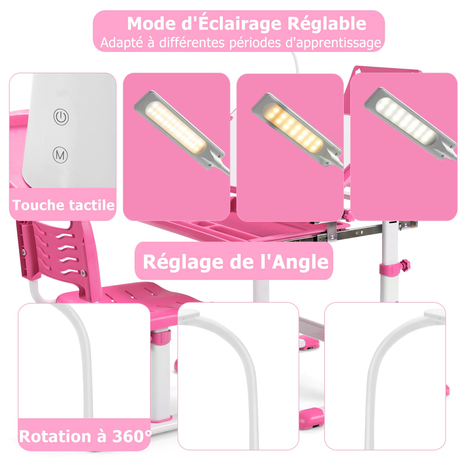 DREAMADE Bureau Enfant avec Tiroir, Support de Lecture et Lampe LED Dimmable, Hauteur et Angle Réglables, Bleu/Rose
