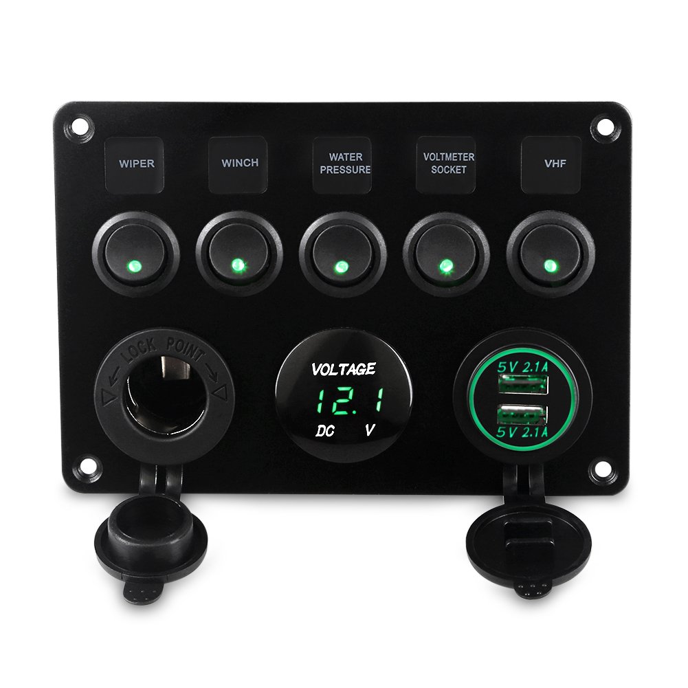 WATERWICH 5 Gang ON-OFF Marine Ignition Toggle Rocker Switch Panel Waterproof with Digital Voltmeter 4.