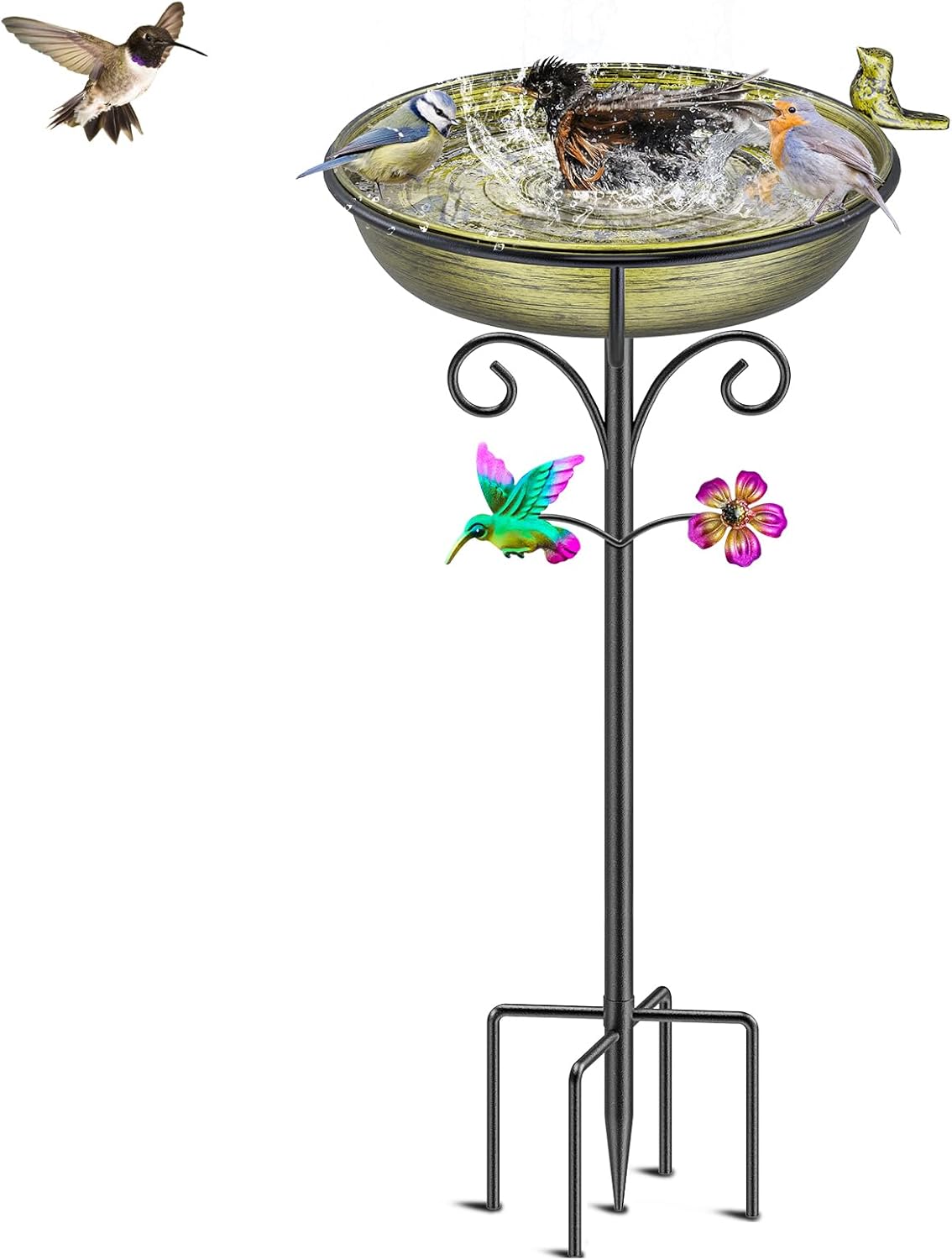 38.6in Bird Baths for Outdoors, Detachable Birdbaths for The Garden Clearance, Freestanding Bird Baths for Outdoors, Bird Bath Bowl Spa & Birdfeeder with Metal Stake Stand (Retro Gold)