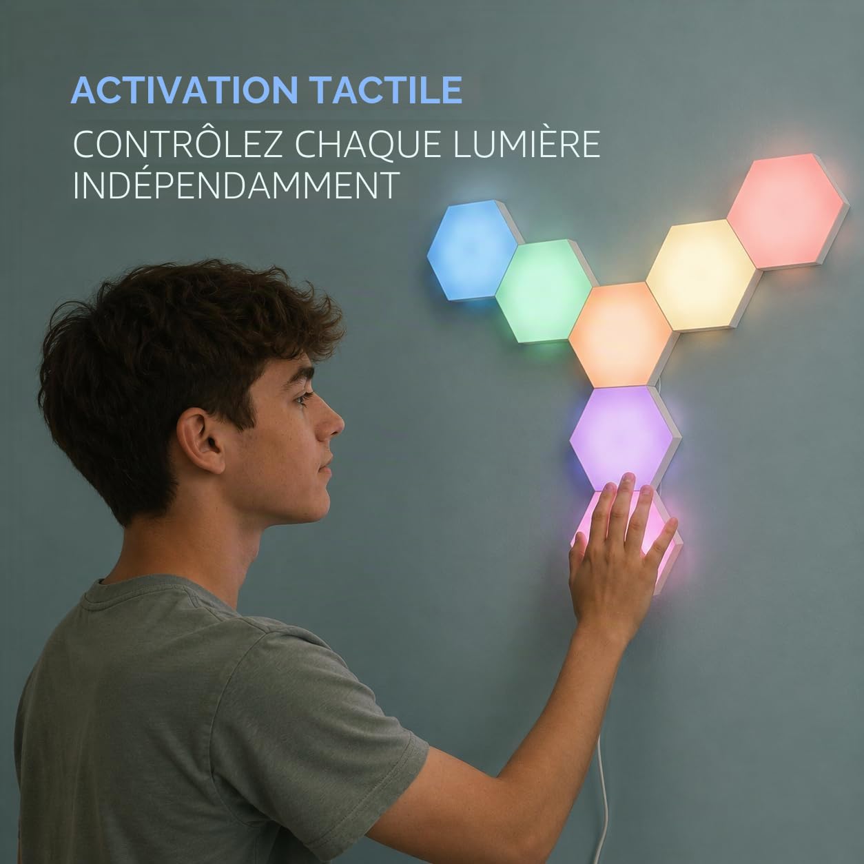 Emberela HEXlights Lot de 7 panneaux muraux hexagonaux RVB contrôlés par contact et télécommande, panneaux lumineux hexagonaux à DEL – Idéal pour la décoration du salon, de la chambre à coucher et de