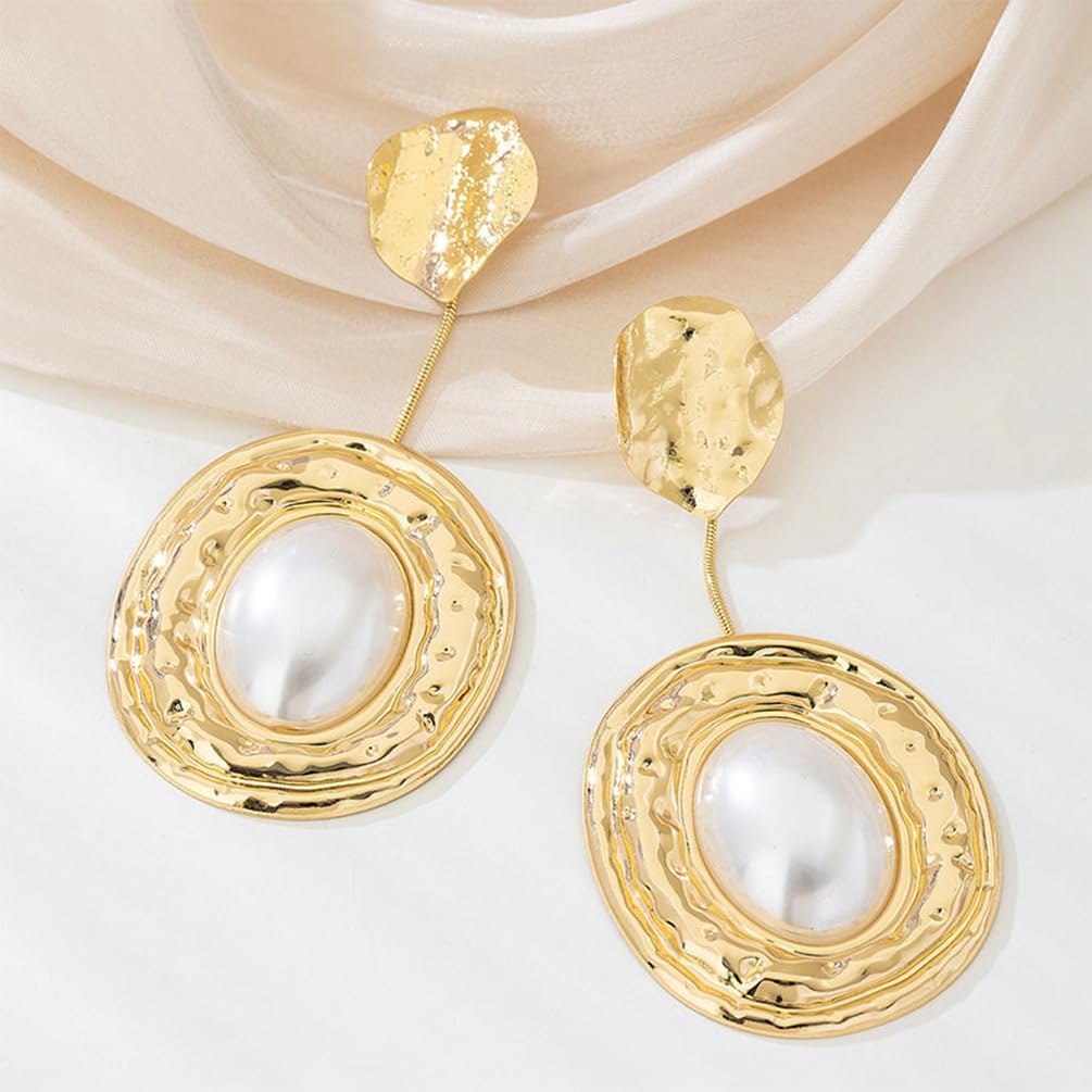 Statement Big Pearl Chunky Gold Hammered Earrings for Women Trendy Vintage Large Oval Pearls Drop Dangle Stud Earring Exaggerated Dainty Prom Ear Jewelry - Image 4