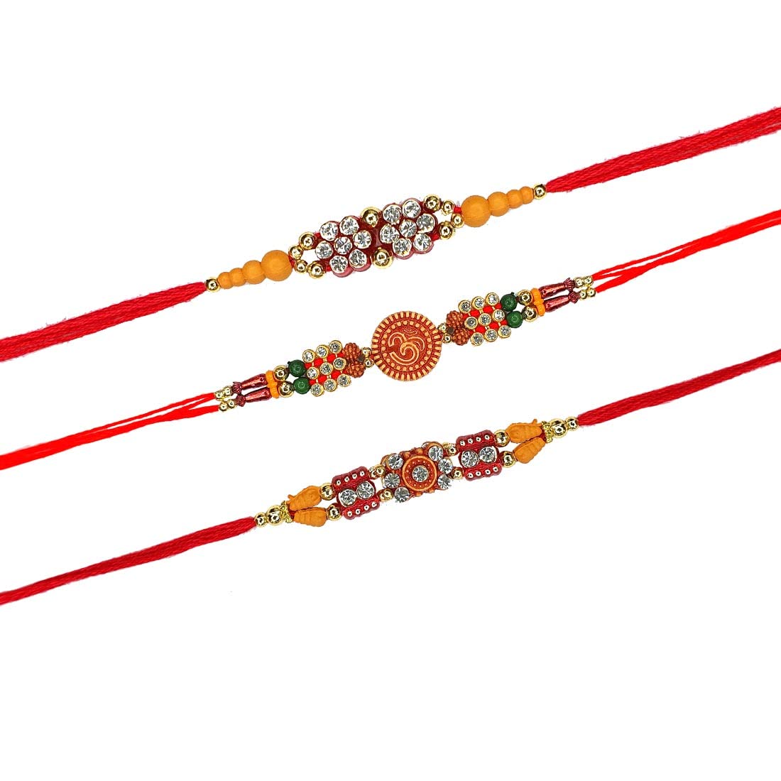 Lot De 3 Bracelets Rakhi Designer - Raksha Bandhan Motif Floral Et OM Traditionnel Pour Frère