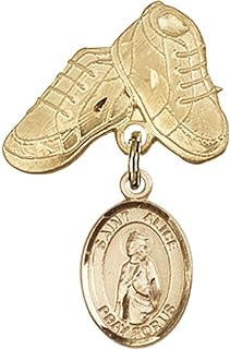 14kt Yellow Gold Baby Badge with St. Alice Charm and Baby Boots Pin 1 X 5/8 inches