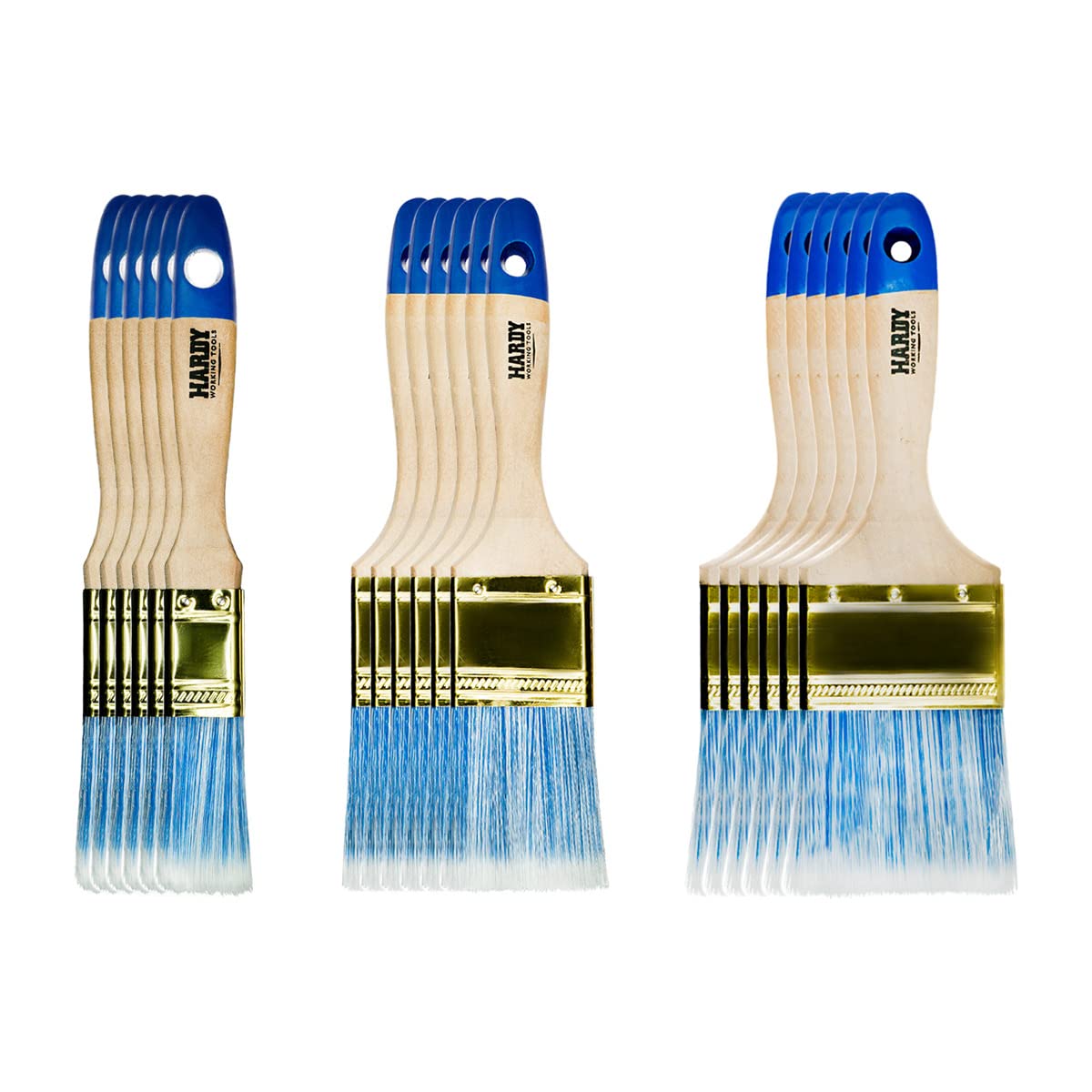 HARDY WORKING TOOLS – Set di 18 Pennelli Piatti Serie 42 (25, 50, 75 mm – 6 pezzi per misura), per Legno, Metallo e Muro – Setole Sintetiche Chiare di Alta Qualità