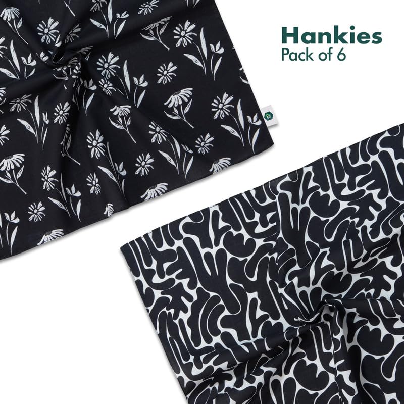 Image of Hexafun 100% Organic Soft Cotton Women Handkerchiefs | Multicolor & Trendy Printed Hanky Designs | Soft & Breathable Fabric | Best For Styling & Everyday Use | Pack Of 6 | Black Beatuy