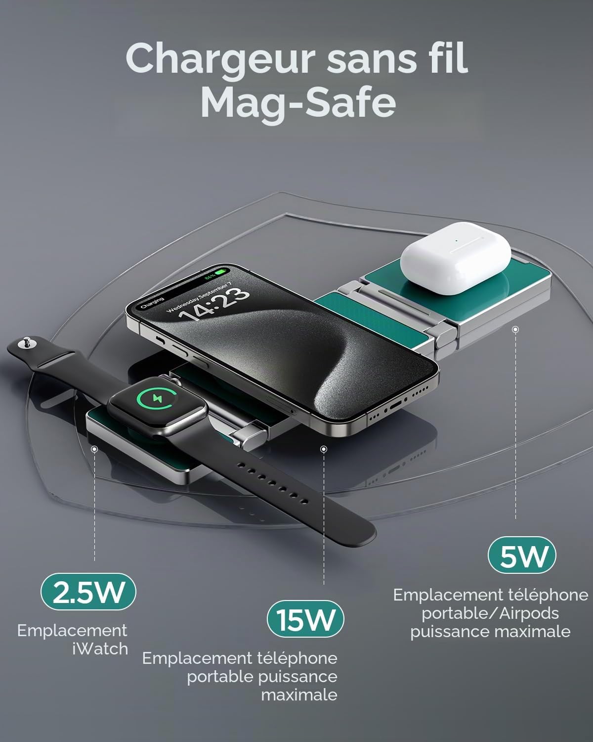3 en 1 Chargeur sans Fil Pliable en Alliage de Zinc[Compatible avec Le Chargeur Magsafe],Station de Recharge magnétique pour iPhone 15/14/13/12 Série,pour AirPods,iWatch-Vert