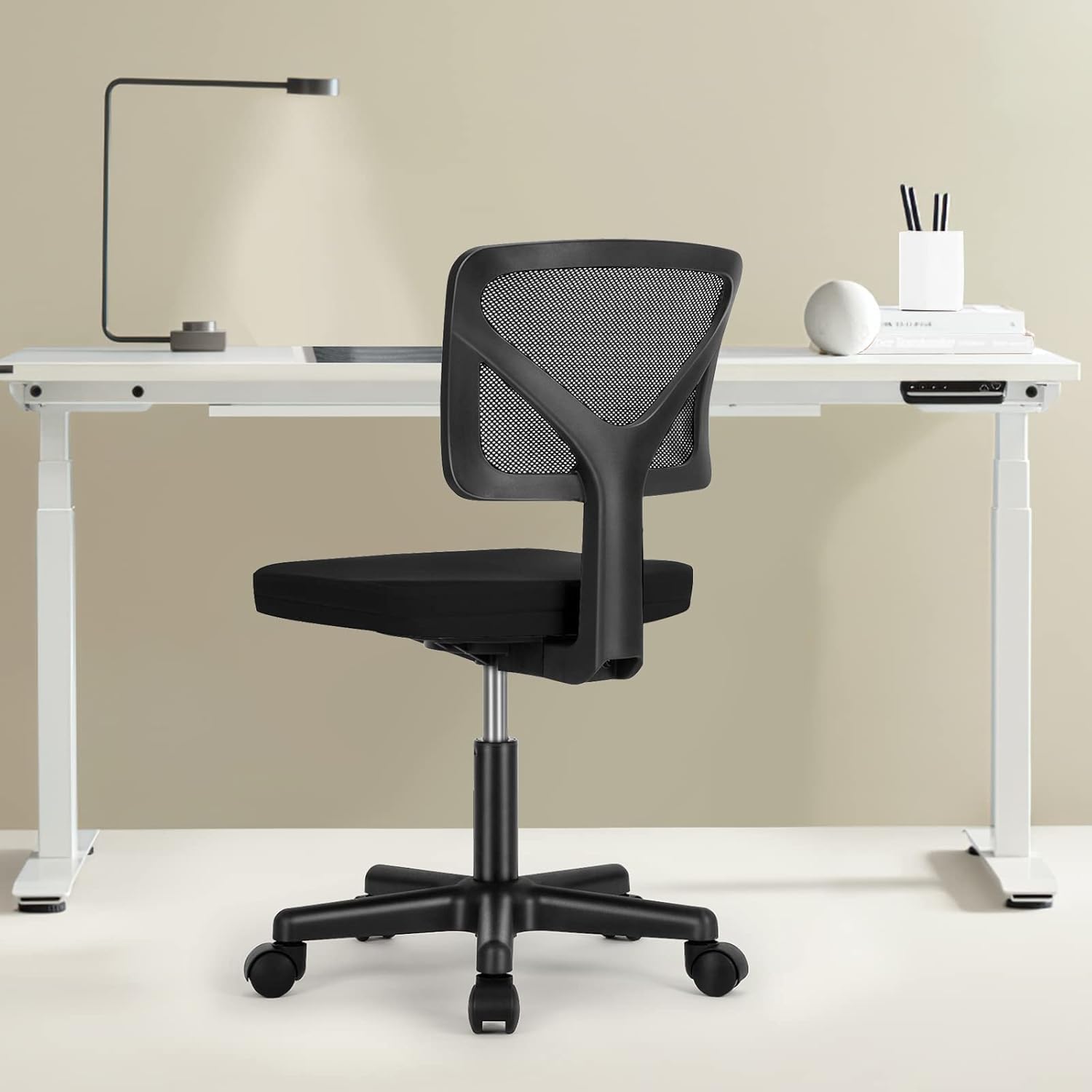 Sweetcrispy Office Computer Desk Chair, Ergonomic Low-Back Mesh Rolling Work Swivel Chairs with Wheels, Armless Comfortable Seat Lumbar Support for Home, Bedroom, Study, Student, Adults, Black Dark Black