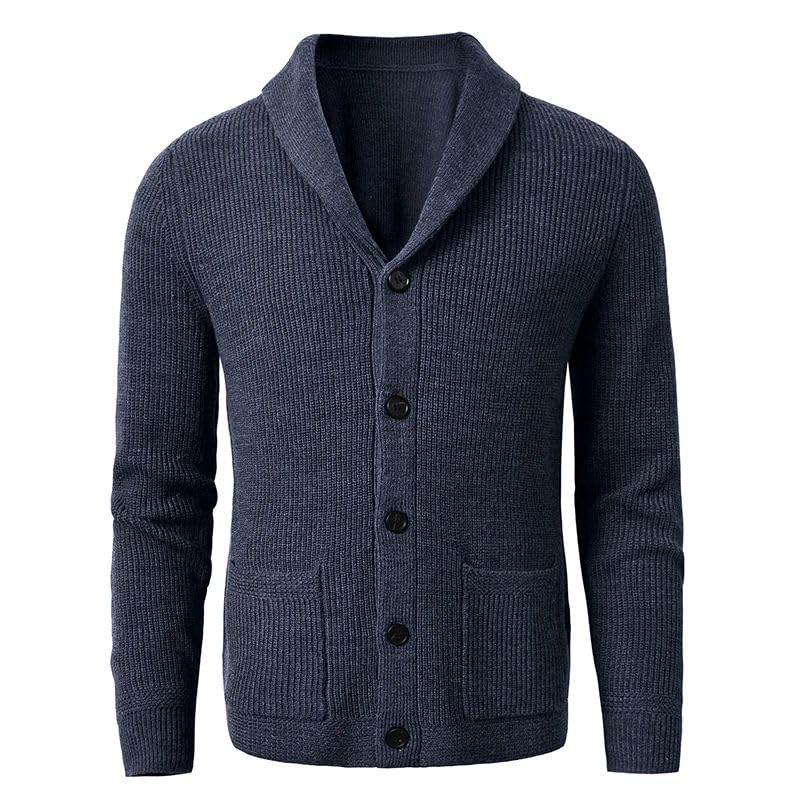 WOLONG Men's Shawl Collar Cardigan Sweater Slim Fit Cable Knit Button Up Black Merino Wool Sweater4
