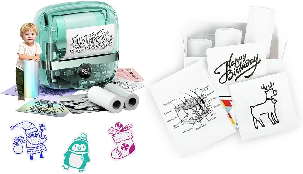 Memoking T02 Pro Pocket Mini Thermal Bluetooth Sticker Printer Combo with Thermal Paper (4 White+1 Clear+1 Holographic Silver), 50mmx3.5m for Study Graphics, Anatomical Diagrams, Students