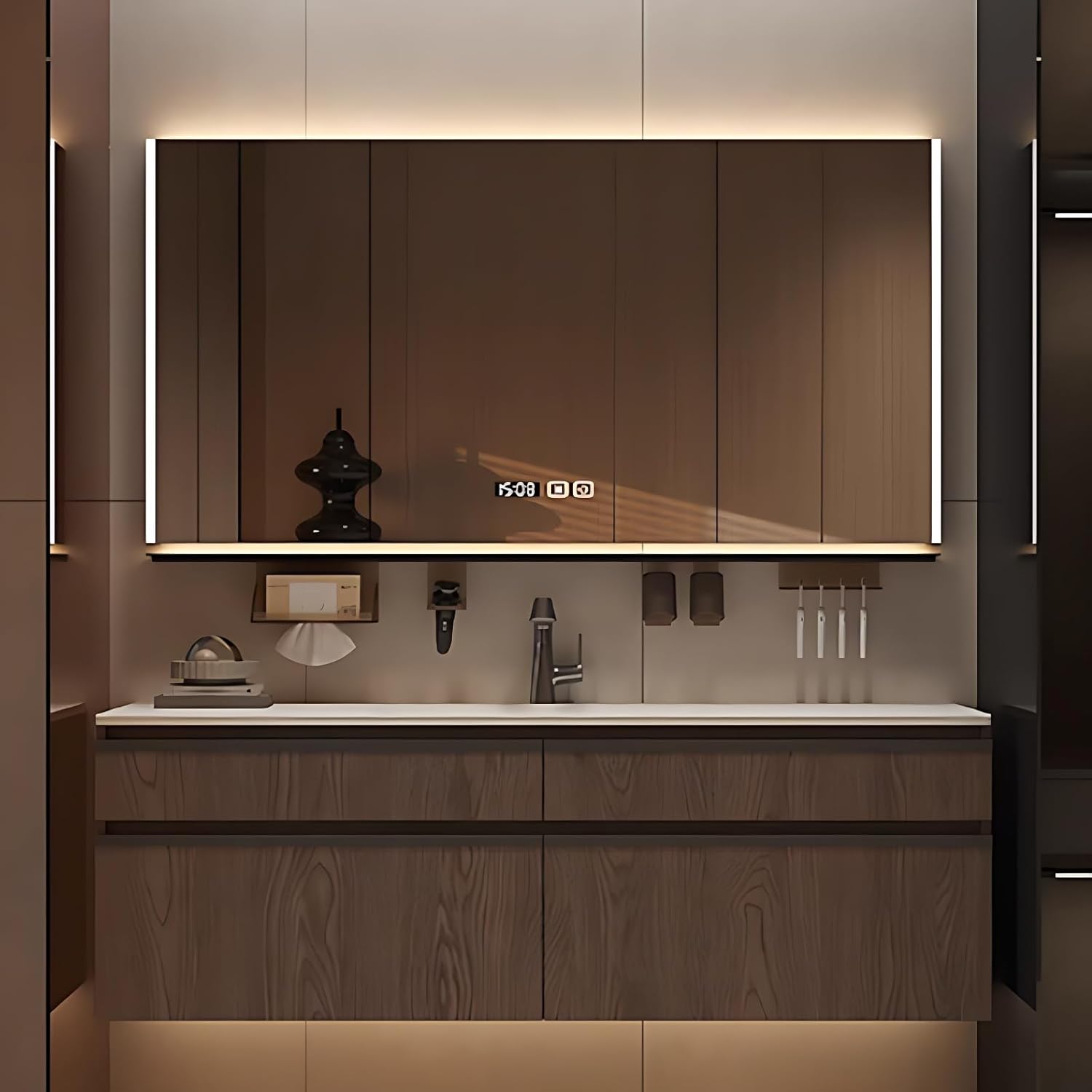 Bathroom Vanity - Solid Wood Bathroom Vanity Set with Seamless Sink & Smart LED Defog Mirror, Anti-Fog Technology & LED Light, Floating Sink with Multiple Storage Area (Mirror Cabinet,72IN)
