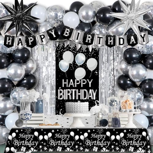 Black and Silver Birthday Decorations for Men Women, Happy Birthday